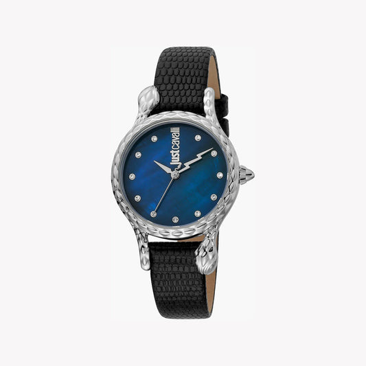 Just Cavalli Women's Black Leather Watch, Blue Dial - JC1L125L0015