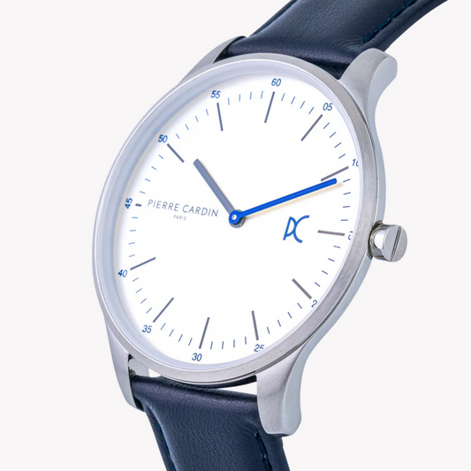 PIERRE CARDIN MEN'S SILVER WATCH, BLUE LEATHER BAND | CBA.4001