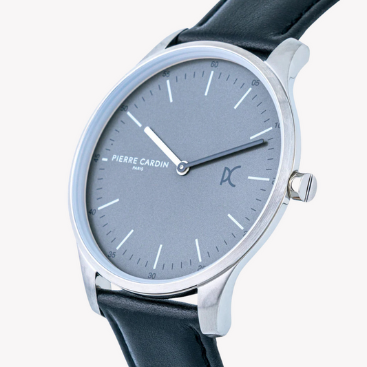 PIERRE CARDIN MEN'S BLACK LEATHER WATCH, GRAY DIAL | CBA.4003