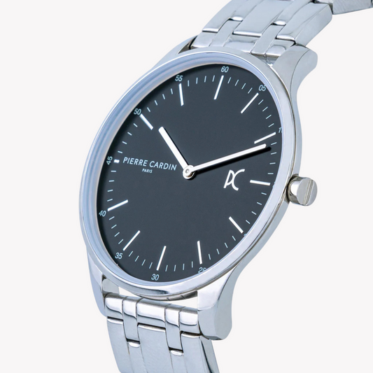 PIERRE CARDIN MEN'S SILVER STAINLESS STEEL WATCH, BLACK DIAL | CBA.4010