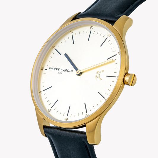 PIERRE CARDIN MEN'S BLACK LEATHER WATCH, GOLD CASE | CBA.4005