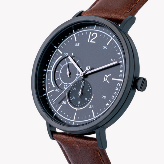 PIERRE CARDIN MEN'S BROWN LEATHER WATCH, BLACK DIAL | CBN.3024