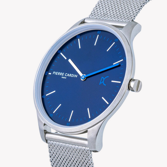 PIERRE CARDIN MEN'S SILVER STAINLESS STEEL WATCH, BLUE DIAL | CBA.4004