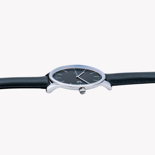 PIERRE CARDIN MEN'S BLACK LEATHER WATCH, SILVER CASE | CBA.4002