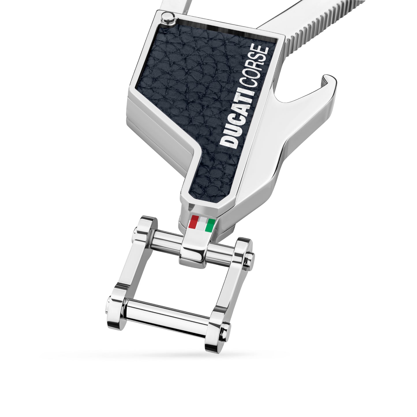 Ducati DTAGK2138102 Forma Stainless Steel with Blue Leather Keyring