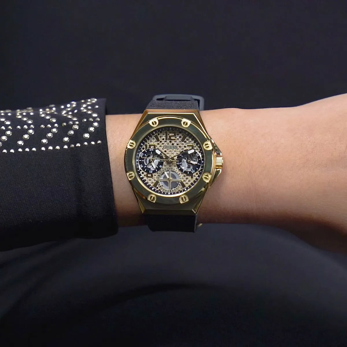 GUESS GW0620L2 Asteria Ladies Watch Gold Tone Crystal Dial Silicone Strap