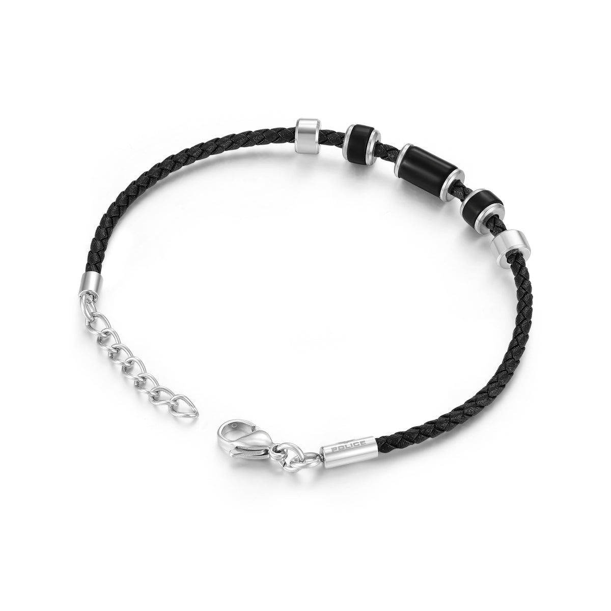 POLICE BULLION SS W ONYX BEADS BLACK LEATHER BRACELET