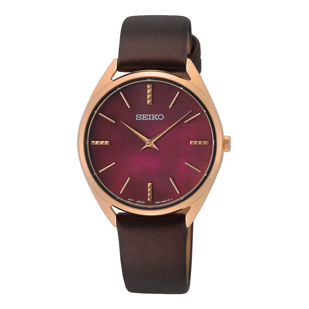 SEIKO Ladies' Hand Watch QUARTZ Brown Leather Band Red Dial SWR082P1