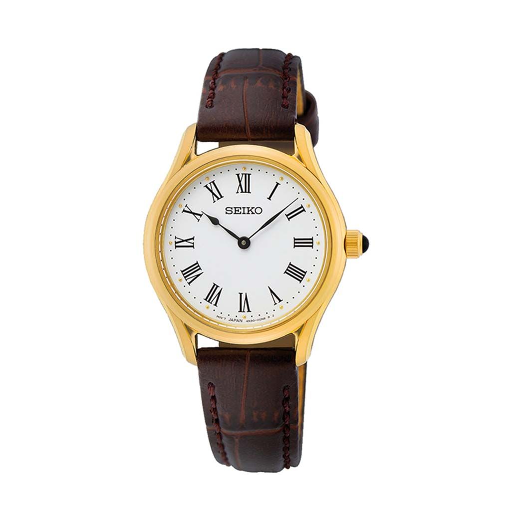 SEIKO Ladies' Watch QUARTZ Brown Leather Strap, White Dial SWR072P1