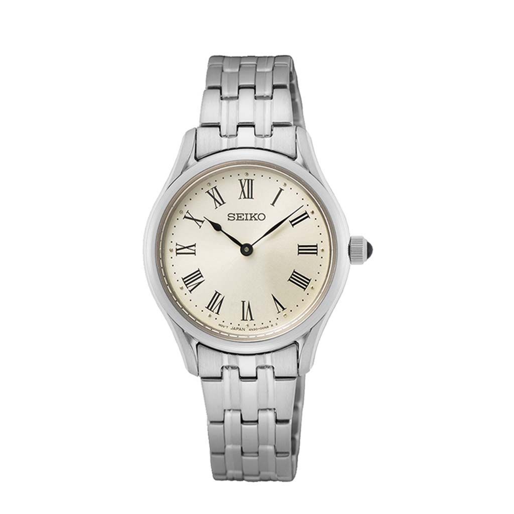 SEIKO Ladies' Hand Watch QUARTZ Stainless Band, Beige Dial SWR069P1