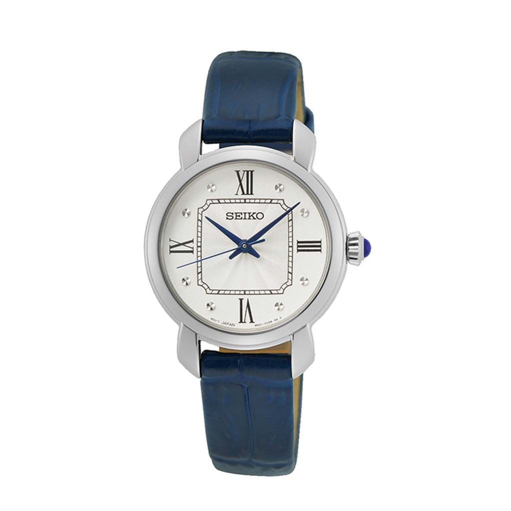 SEIKO Ladies' Watch QUARTZ Blue Leather Strap Silver Dial SUR497P2