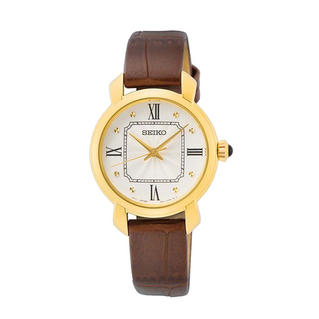 SEIKO Ladies' Watch QUARTZ Brown Leather Strap Silver Dial SUR500P1