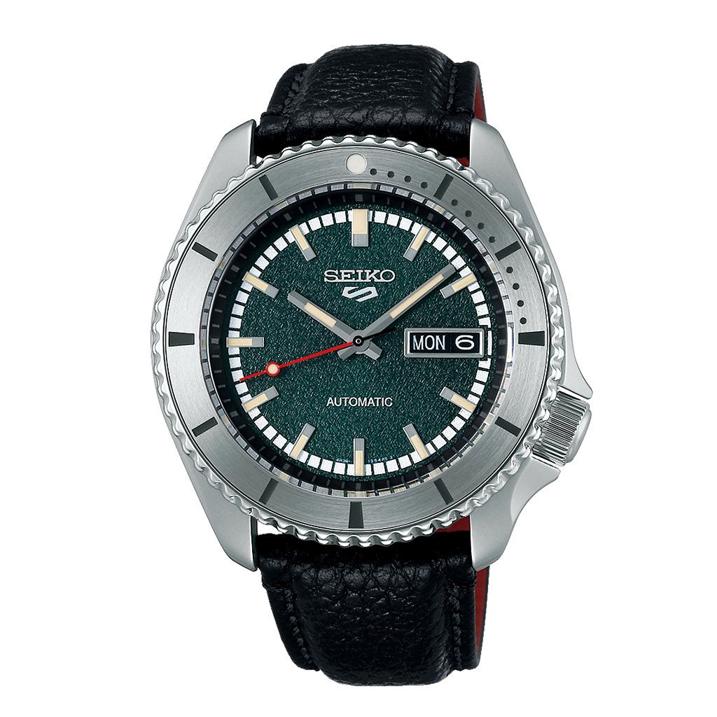 SEIKO Men's Hand Watch 5 SPORTS Black Leather Strap Green Dial SRPJ91K1
