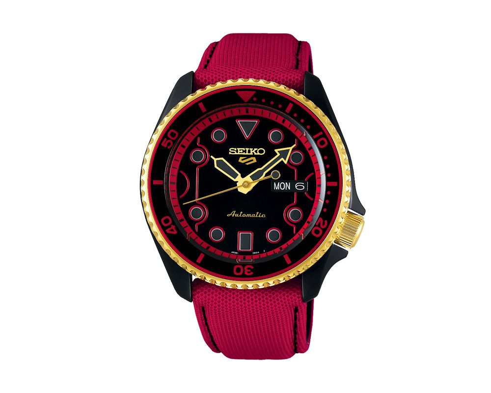 SEIKO Men's Watch 5 SPORTS Red Nylon x Leather Band, Black Dial SRPF20K1