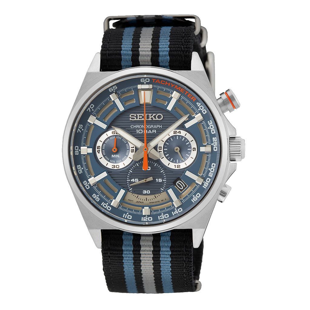 SEIKO Men's Watch CHRONOGRAPH Black Nylon Band Blue Dial SSB409P1