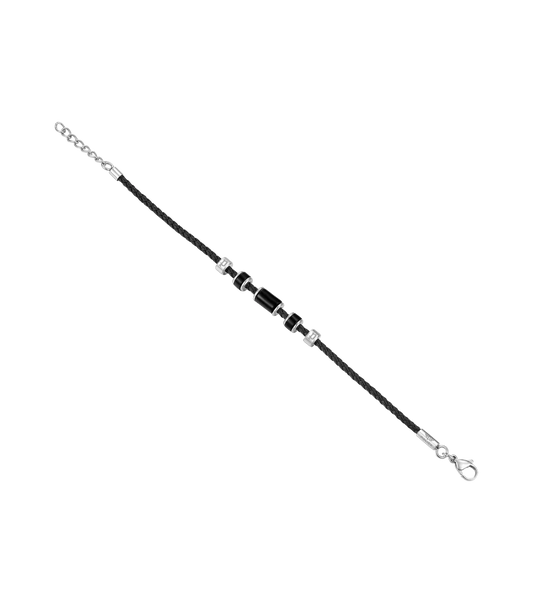 POLICE BULLION SS W ONYX BEADS BLACK LEATHER BRACELET