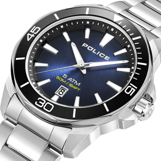 Police PEWJH0021402 Thornton Men's Watch, Blue Sunray Dial & Stainless Steel Bracelet, 43x49mm