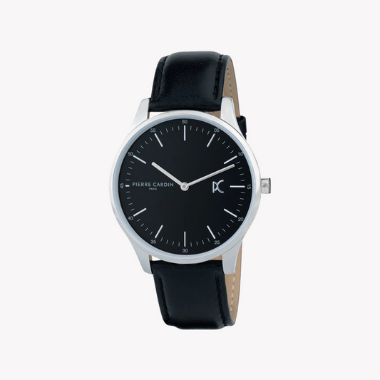 PIERRE CARDIN MEN'S BLACK LEATHER WATCH, SILVER CASE | CBA.4002