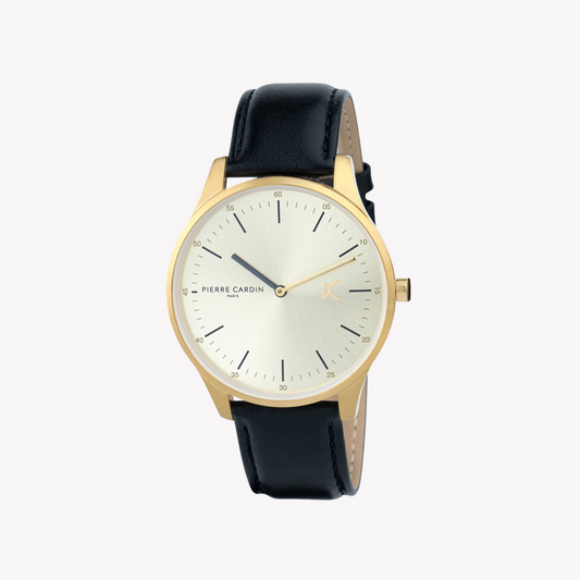 PIERRE CARDIN MEN'S BLACK LEATHER WATCH, GOLD CASE | CBA.4005