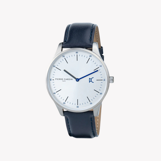 PIERRE CARDIN MEN'S SILVER WATCH, BLUE LEATHER BAND | CBA.4001