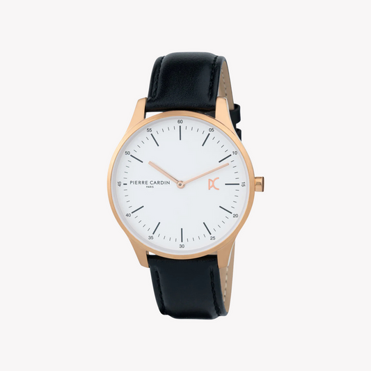 PIERRE CARDIN MEN'S STAINLESS STEEL ROSE GOLD WATCH, BLACK LEATHER | CBA.4006