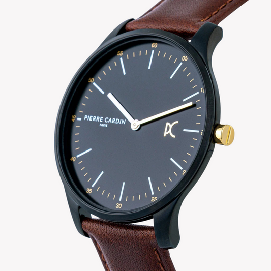 PIERRE CARDIN MEN'S BROWN LEATHER WATCH, BLACK DIAL | CBA.4008