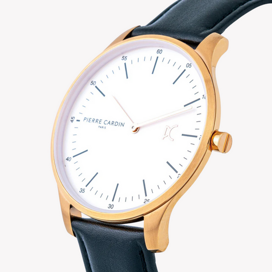 PIERRE CARDIN MEN'S STAINLESS STEEL ROSE GOLD WATCH, BLACK LEATHER | CBA.4006