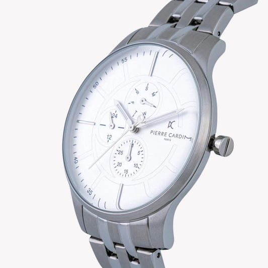 PIERRE CARDIN MEN'S SILVER STAINLESS STEEL WATCH, WHITE DIAL | PC902731F104