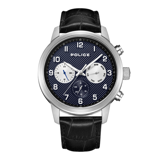Police Men Watch PEWJK2228202 Stainless Steel Case, Blue Chronograph Dial, Black Leather