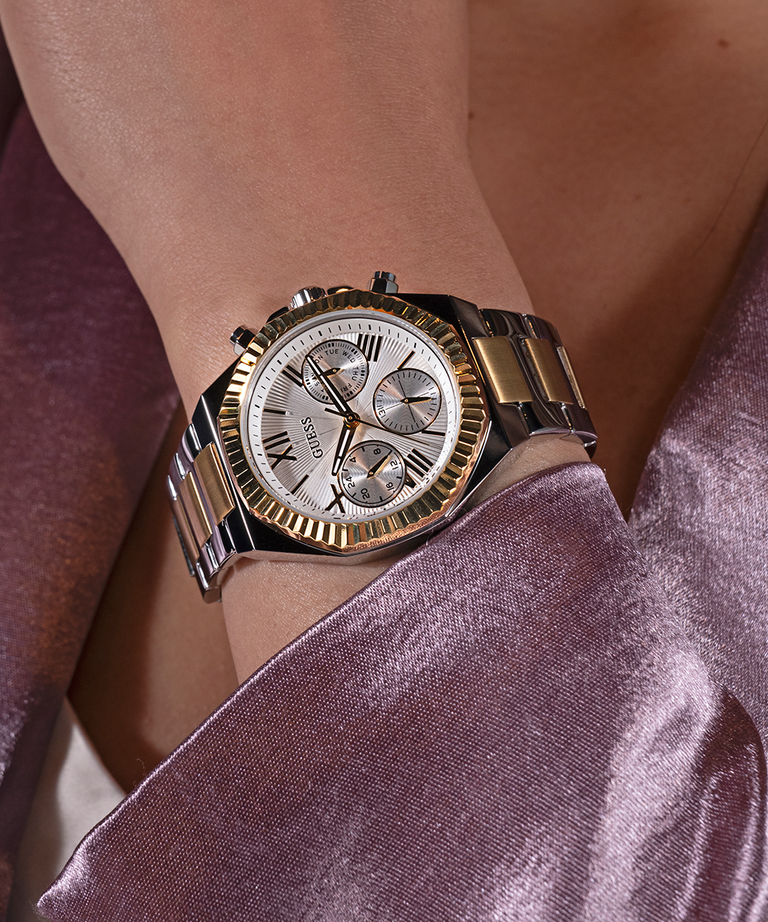 Guess Women's Gold/Silver Stainless Steel Watch, Silver Dial | Gw0769l3