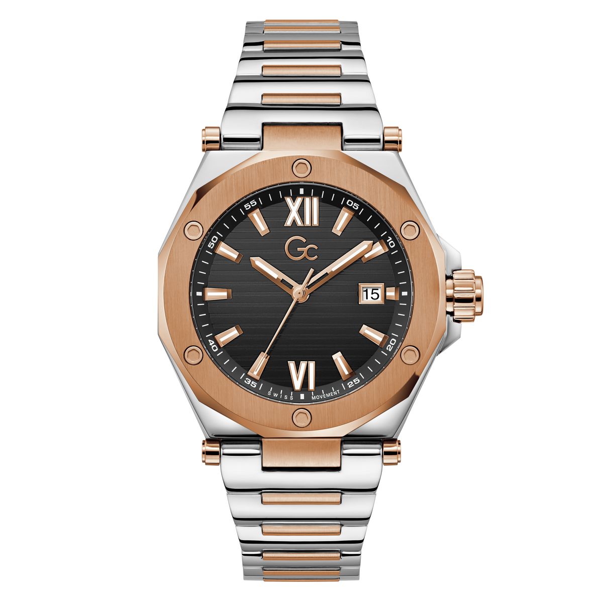 Gc Legacy Sleek Metal Men Watch Silver & Rose Gold Stainless Steel Bracelet Z67002G2