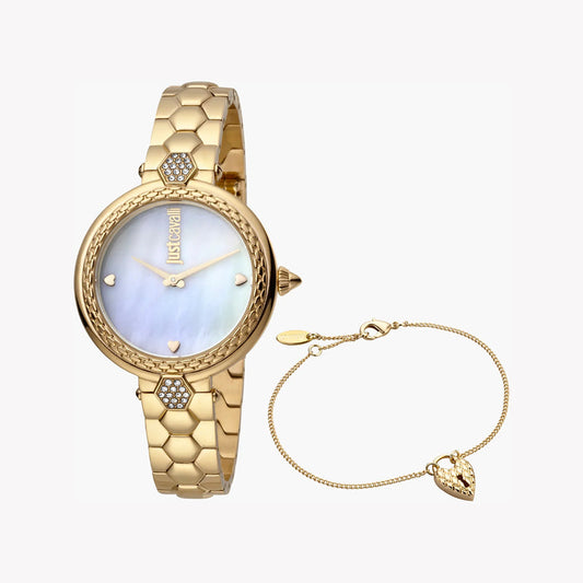 JUST CAVALLI WOMEN'S GOLD STAINLESS STEEL WATCH, WHITE DIAL | JC1L128M0565
