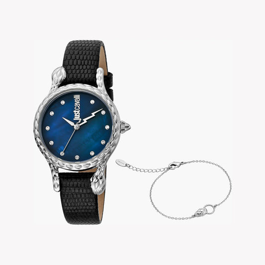 Just Cavalli Women's Black Leather Watch, Blue Dial - JC1L125L0015