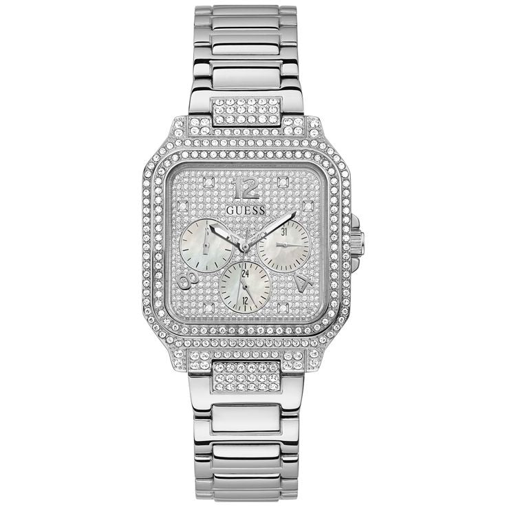 GUESS Ladies DECO GW0472L1 Silver Tone Multi-function Watch 35mm Rhinestone New
