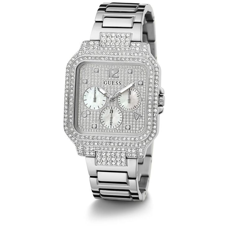 GUESS Ladies DECO GW0472L1 Silver Tone Multi-function Watch 35mm Rhinestone New