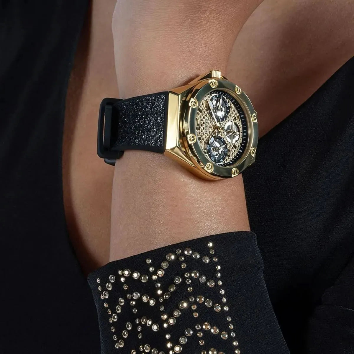 GUESS GW0620L2 Asteria Ladies Watch Gold Tone Crystal Dial Silicone Strap