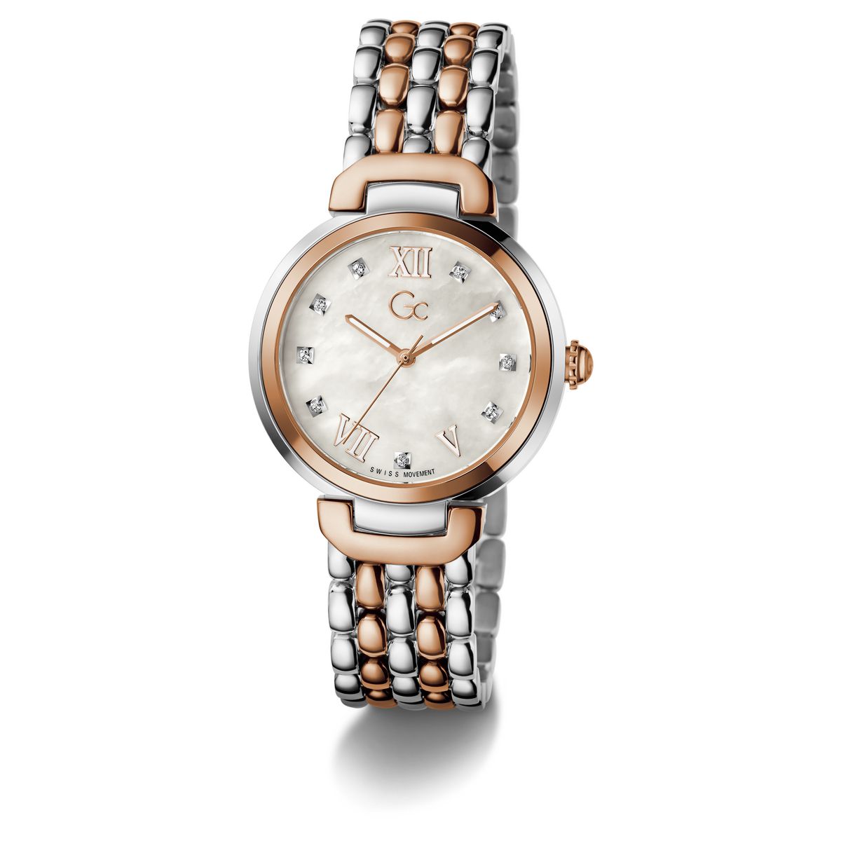 Gc Allure Mid Size Metal Women Watch Silver & Rose Gold Stainless Steel Bracelet Z64001L1