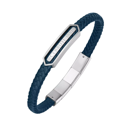 Cerruti 1881 Sandro Navy Leather Stainless Steel Logo Bracelet CIAGB0014305