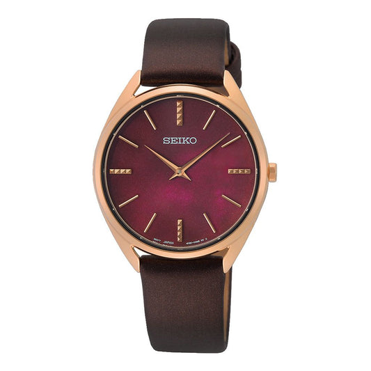 SEIKO Ladies' Hand Watch QUARTZ Brown Leather Band Red Dial SWR082P1