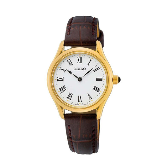 SEIKO Ladies' Watch QUARTZ Brown Leather Strap, White Dial SWR072P1