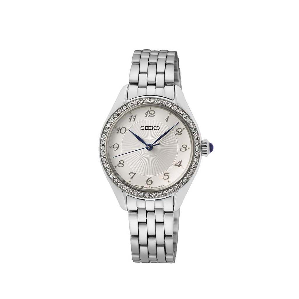 SEIKO Ladies' Hand Watch QUARTZ Stainless Band, White Dial SUR479P1