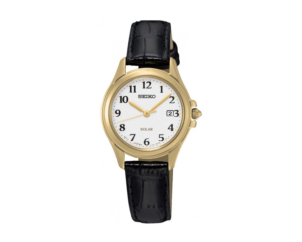 SEIKO Ladies' Hand Watch SOLAR Black Leather Band, White Dial SUT238P1