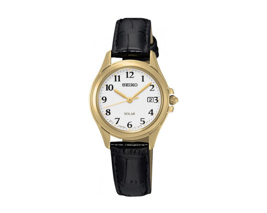 SEIKO Ladies' Hand Watch SOLAR Black Leather Band, White Dial SUT238P1
