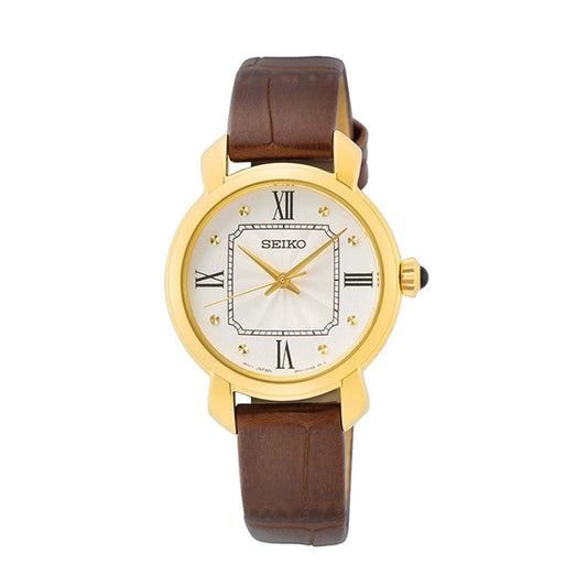 SEIKO Ladies' Watch QUARTZ Brown Leather Strap Silver Dial SUR500P1