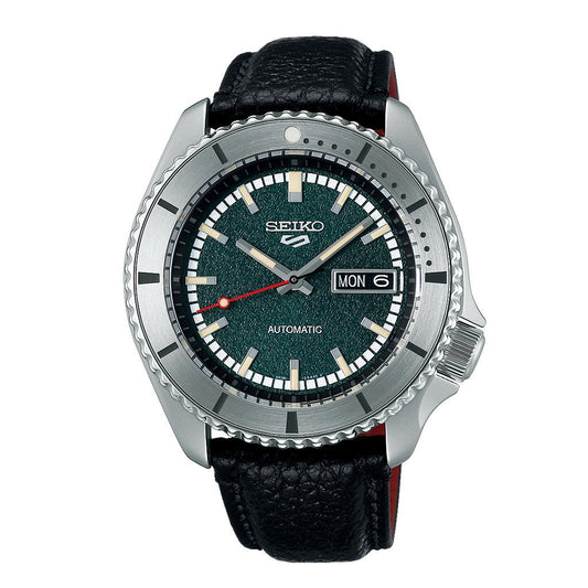 SEIKO Men's Hand Watch 5 SPORTS Black Leather Strap Green Dial SRPJ91K1