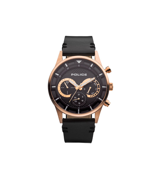 Police Men Watch PEWJF2110901 IP Black & Rose Gold Case, Black Dial / Black Leather Strap