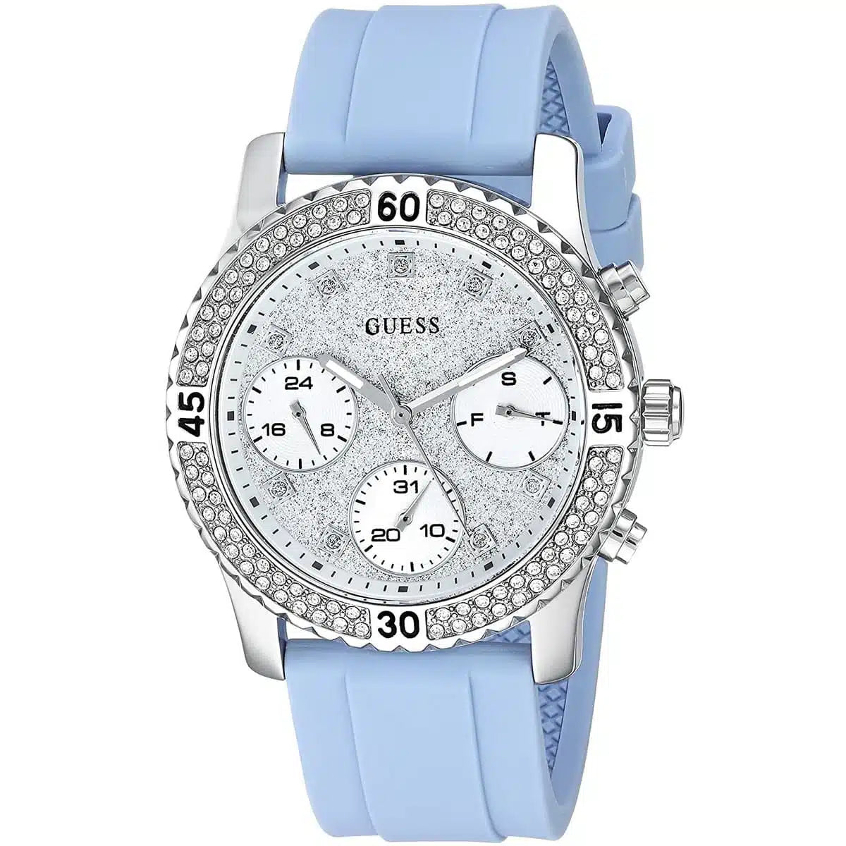 Guess Confetti Crystal Women's Watch with Silver Dial and Blue Rubber Strap - W1098L3