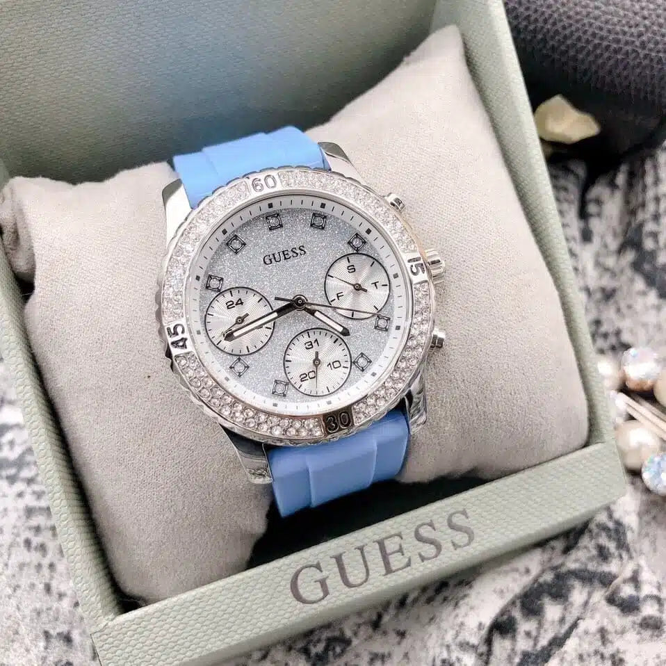 Guess Confetti Crystal Women's Watch with Silver Dial and Blue Rubber Strap - W1098L3
