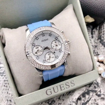Guess Confetti Crystal Women's Watch with Silver Dial and Blue Rubber Strap - W1098L3