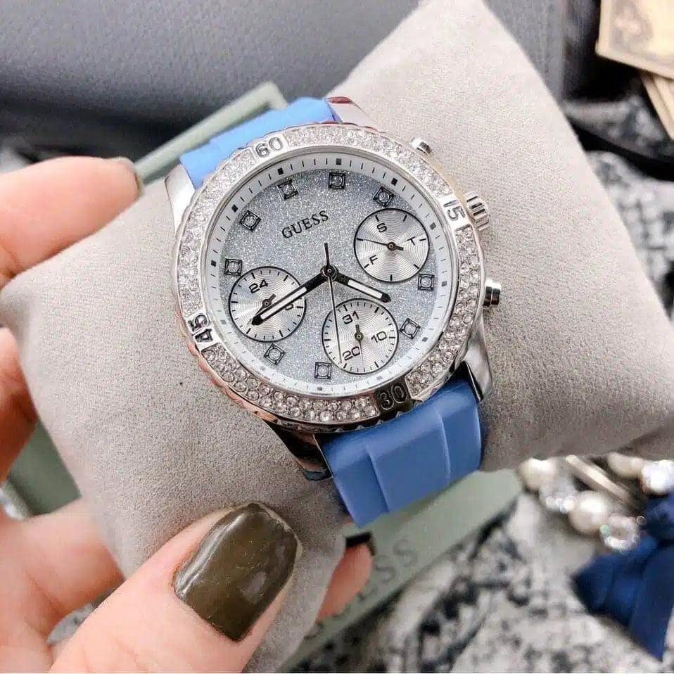 Guess Confetti Crystal Women's Watch with Silver Dial and Blue Rubber Strap - W1098L3
